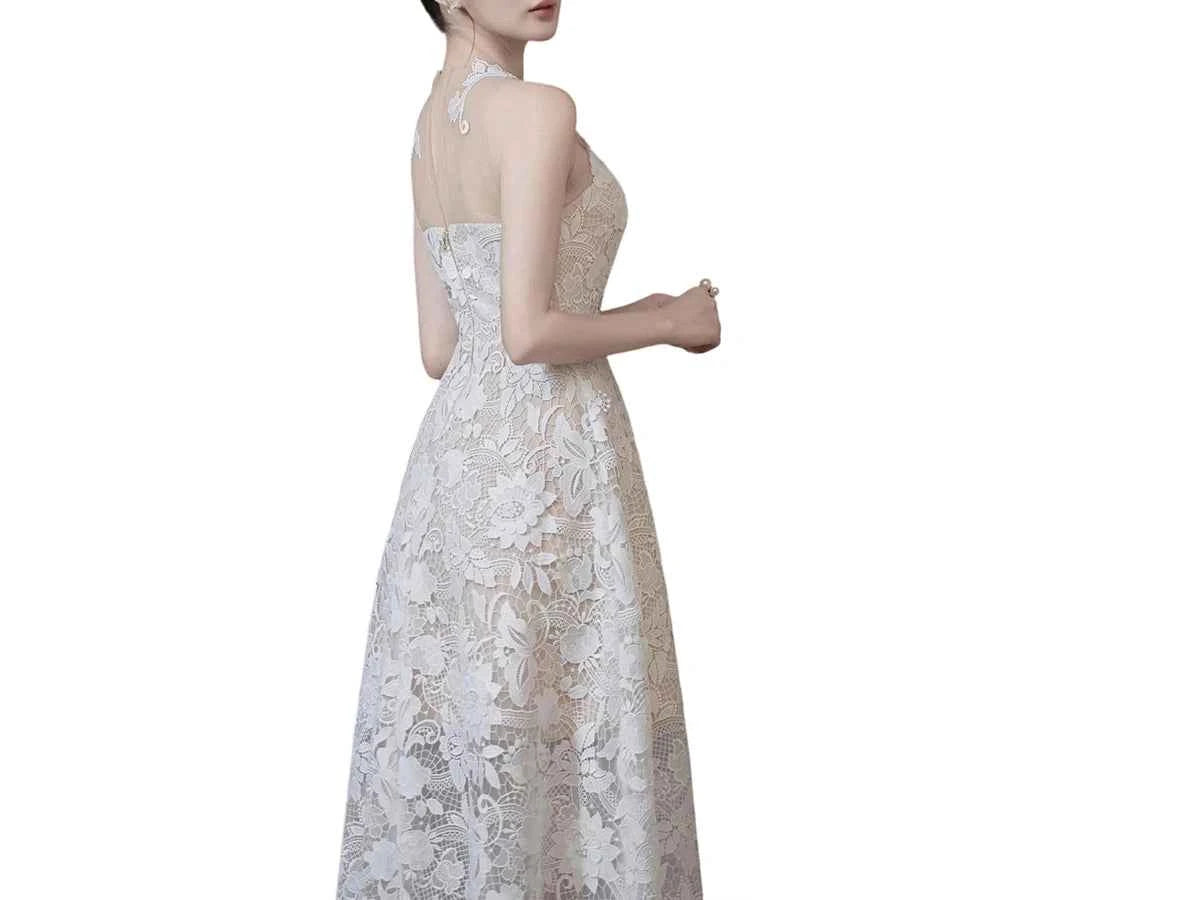White Lace Tea Length Civil Wedding Dress with High Illusion Neckline P039