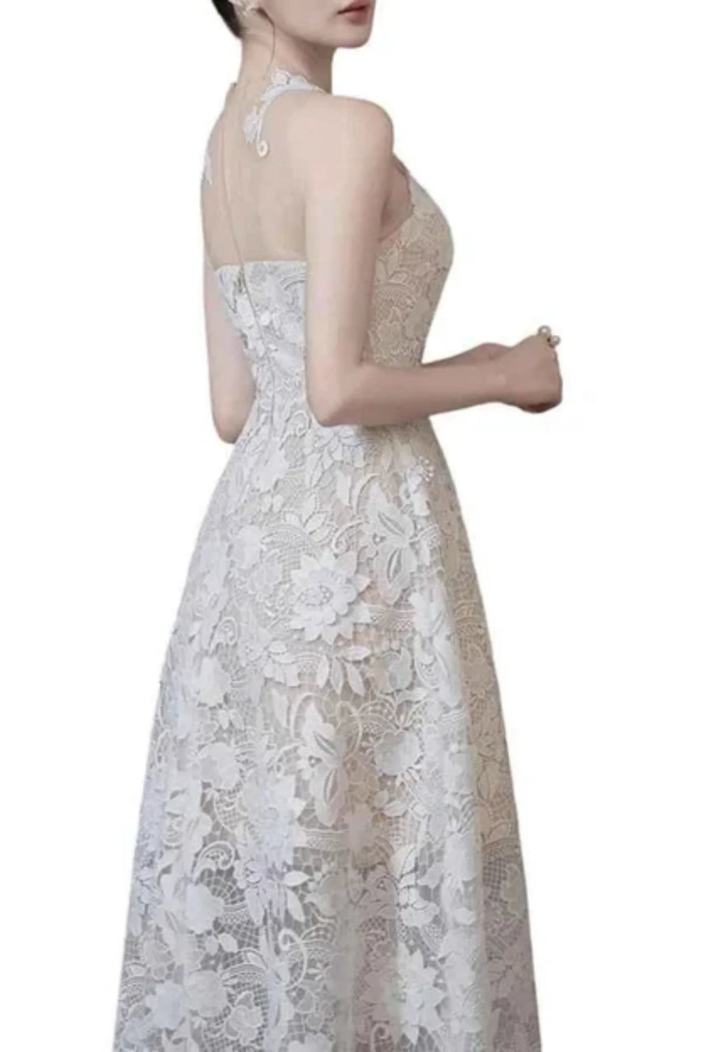 White Lace Tea Length Civil Wedding Dress with High Illusion Neckline P039