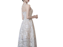Load image into Gallery viewer, White Lace Tea Length Civil Wedding Dress with High Illusion Neckline P039