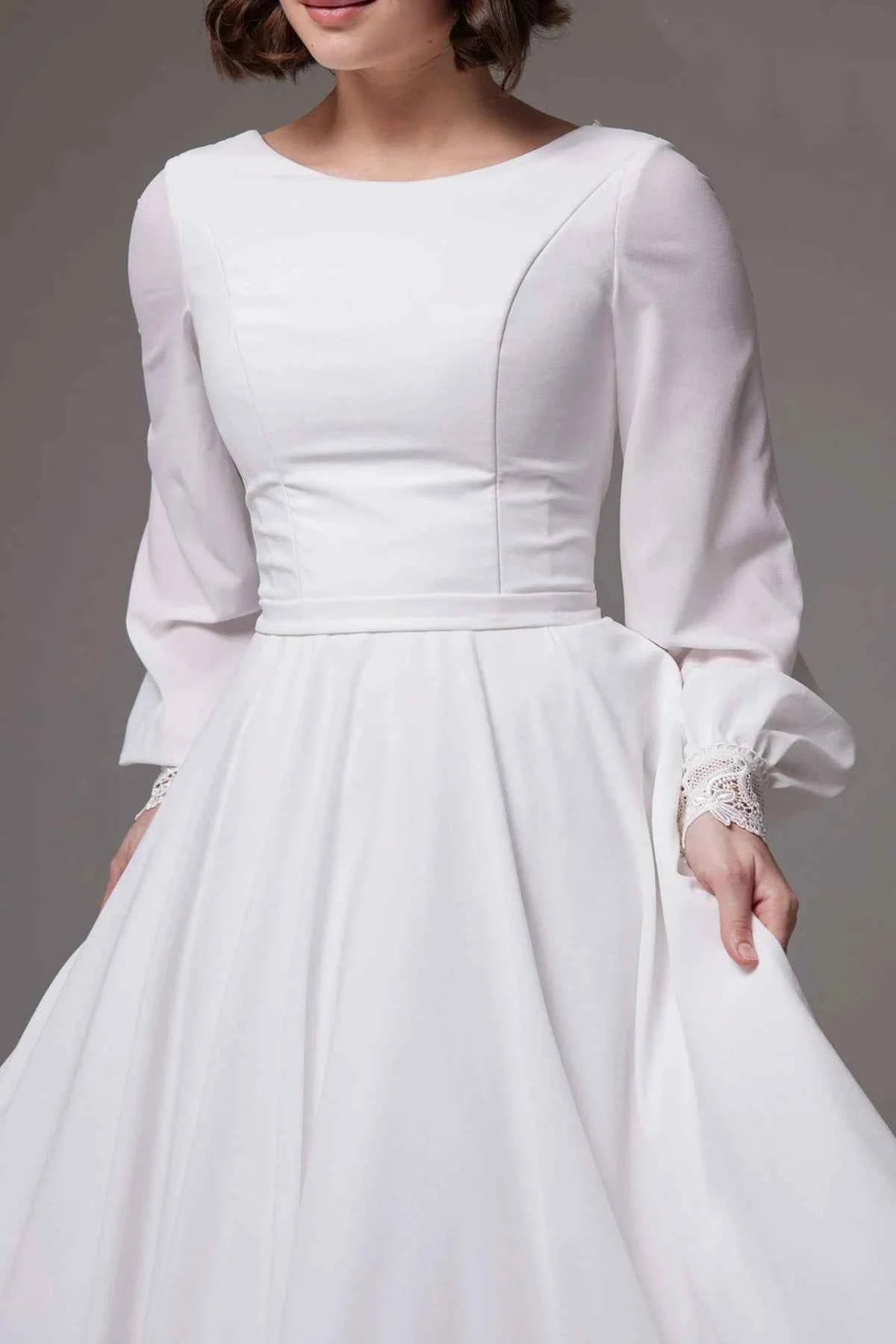 Modest White Chiffon Tea-Length Wedding Dress with Long Sleeves – promboutiqueonline