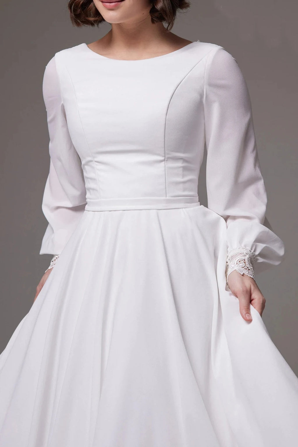 Timeless White Chiffon Modest Bridal Dress Featuring Long Bishop Sleeves and Pleated Waistband