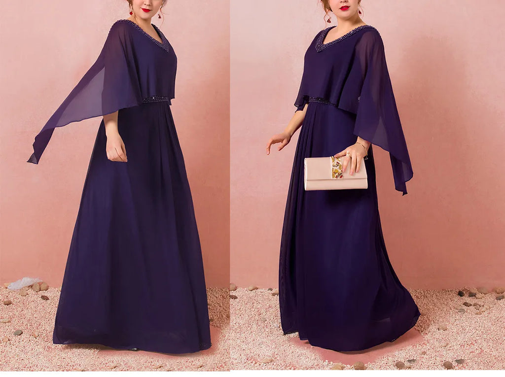 Purple Chiffon Mother of the Bride Dresses with Cape Sleeves in Purple Blue Plus Size