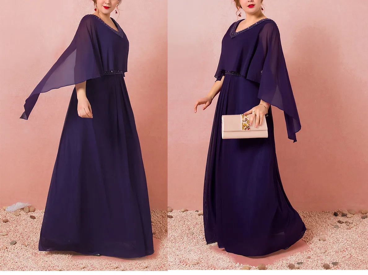 Purple Chiffon Mother of the Bride Dresses with Cape Sleeves in Purple Blue Plus Size