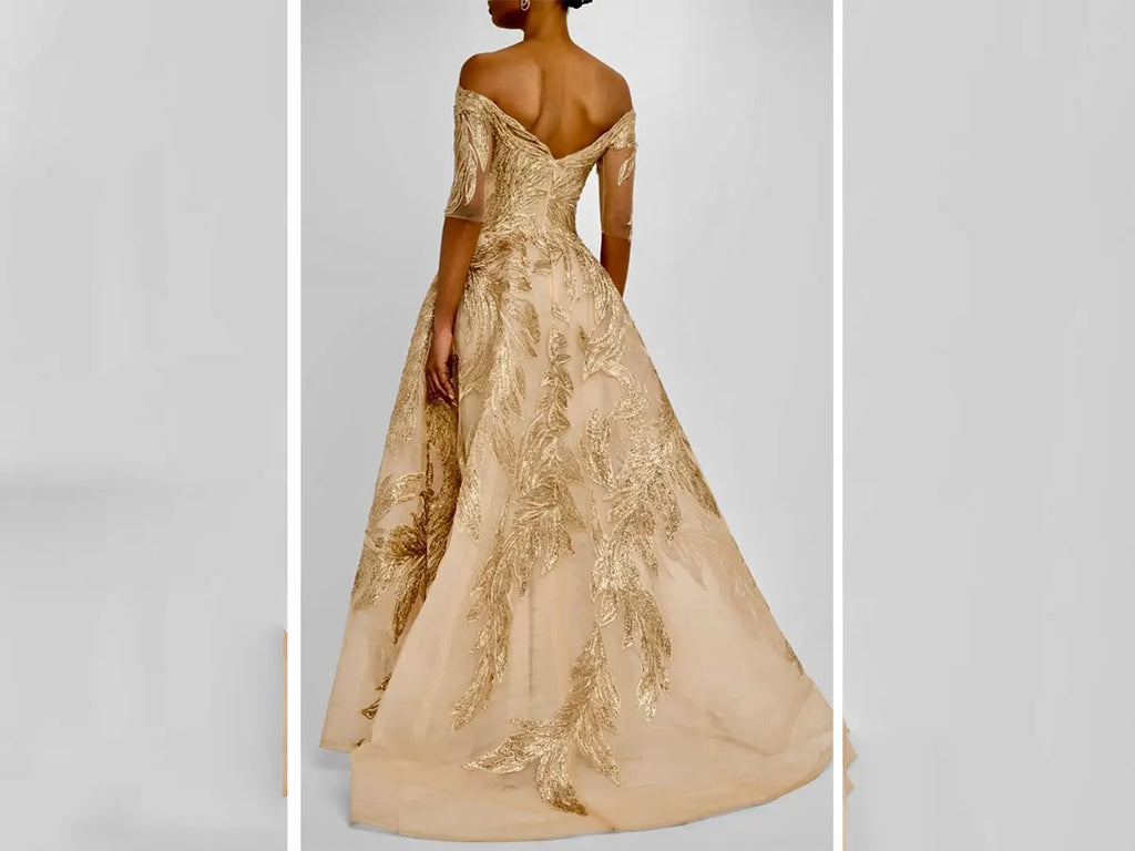 Gold Off The Shoulder Appliqued Dress with Sleeves for MOB MOG