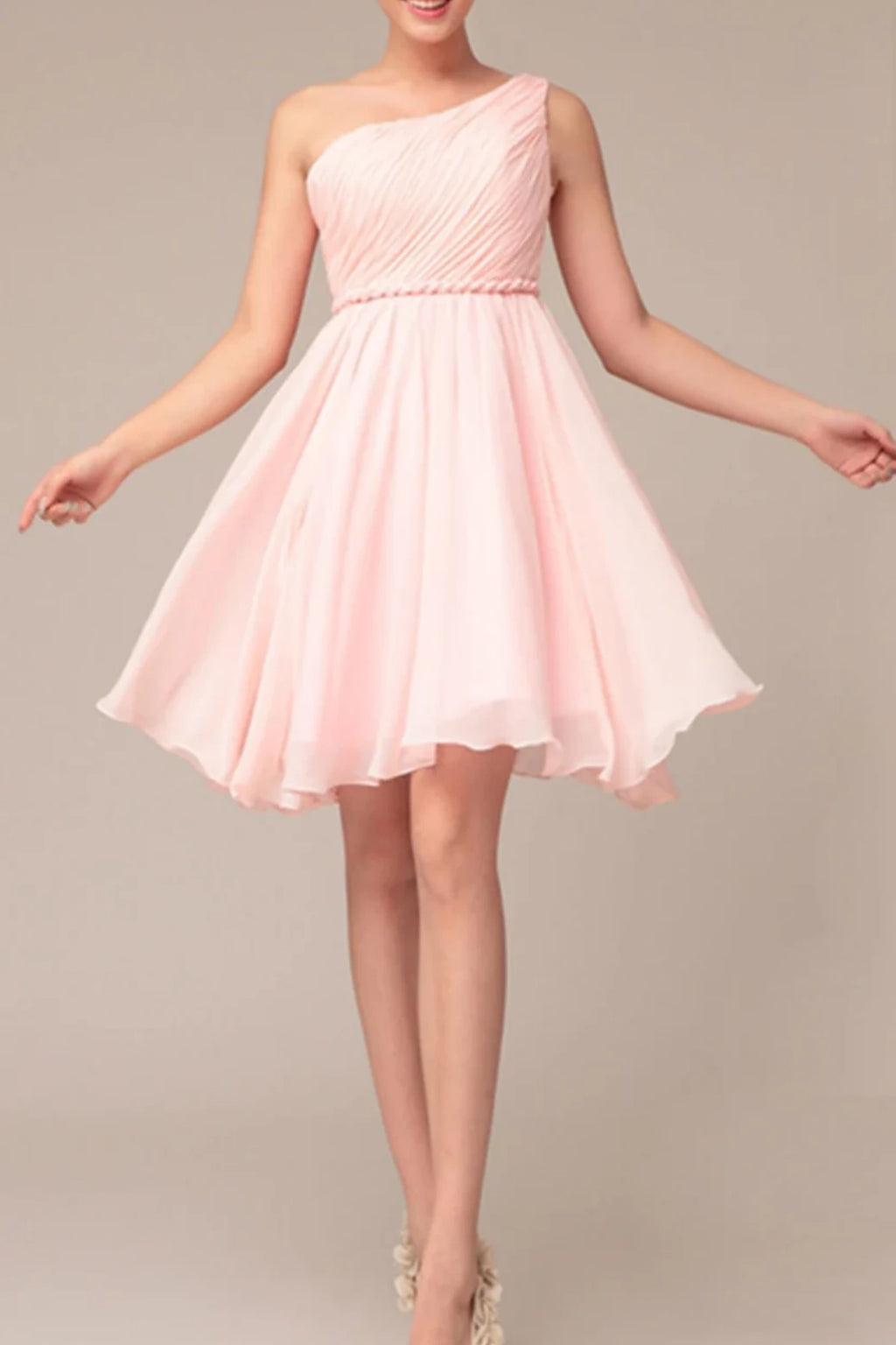 Grecian One Shoulder Bridesmaid Dress in Pink with Short Braided Empire Design