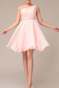 Grecian One Shoulder Bridesmaid Dress in Pink with Short Braided Empire Design
