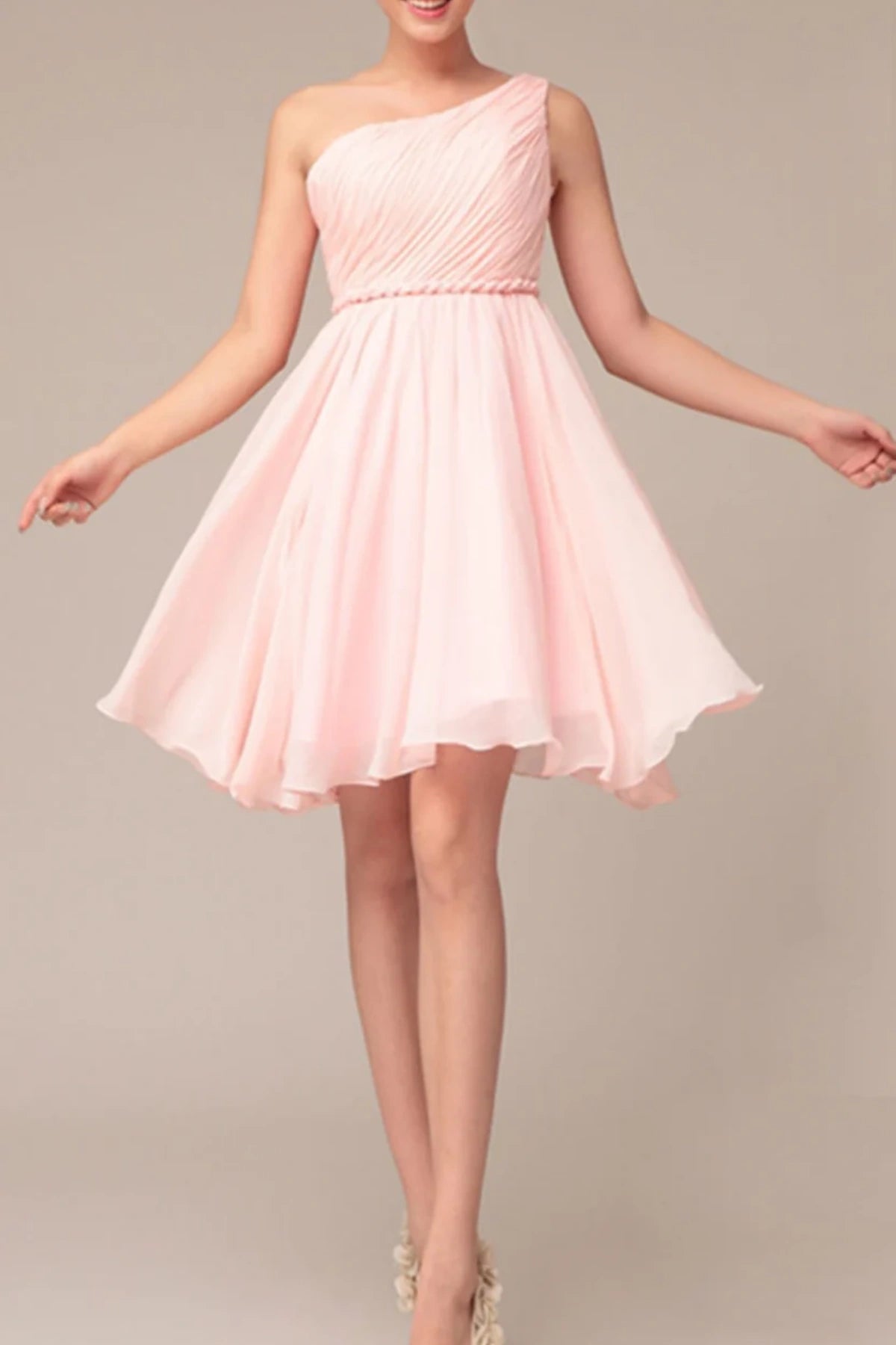Grecian One Shoulder Bridesmaid Dress in Pink with Short Braided Empire Design