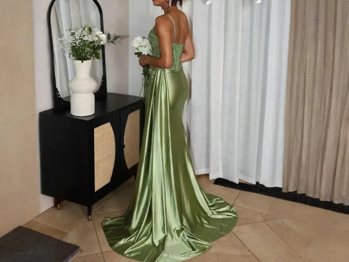 Olive Green Corset Prom Dress with Draped Straps and Slit