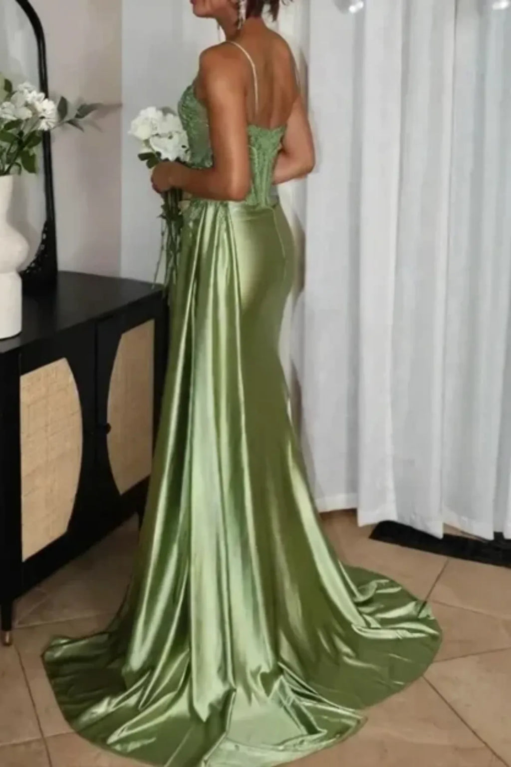 darped bodycon green spaghetti strraps prom dress