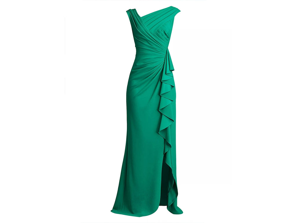 Green Asymmetric Draped Long Dress with Slit for MOB MOG - Elegant and Stylish Choice