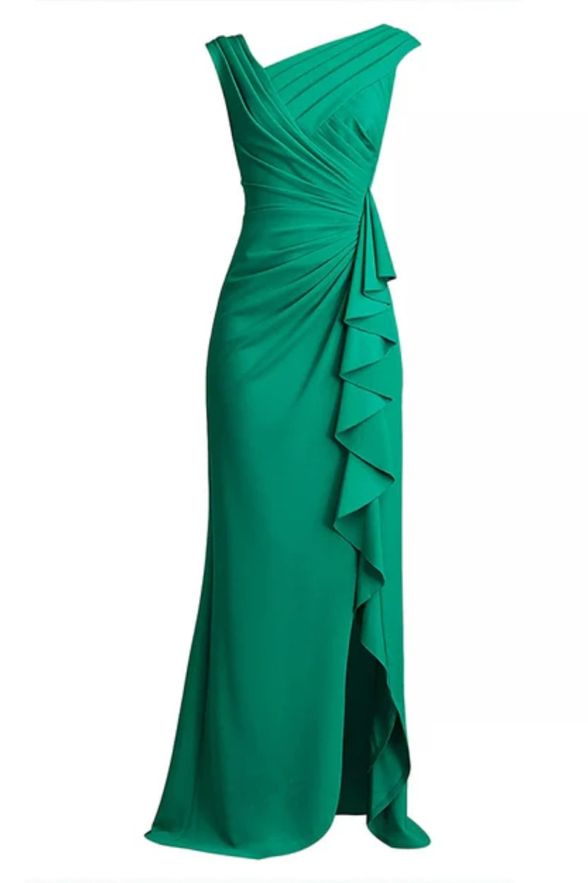 Front angled view of an emerald green column dress for the mother of the groom, highlighting the structured waist gathering and the elegant wrap skirt slit