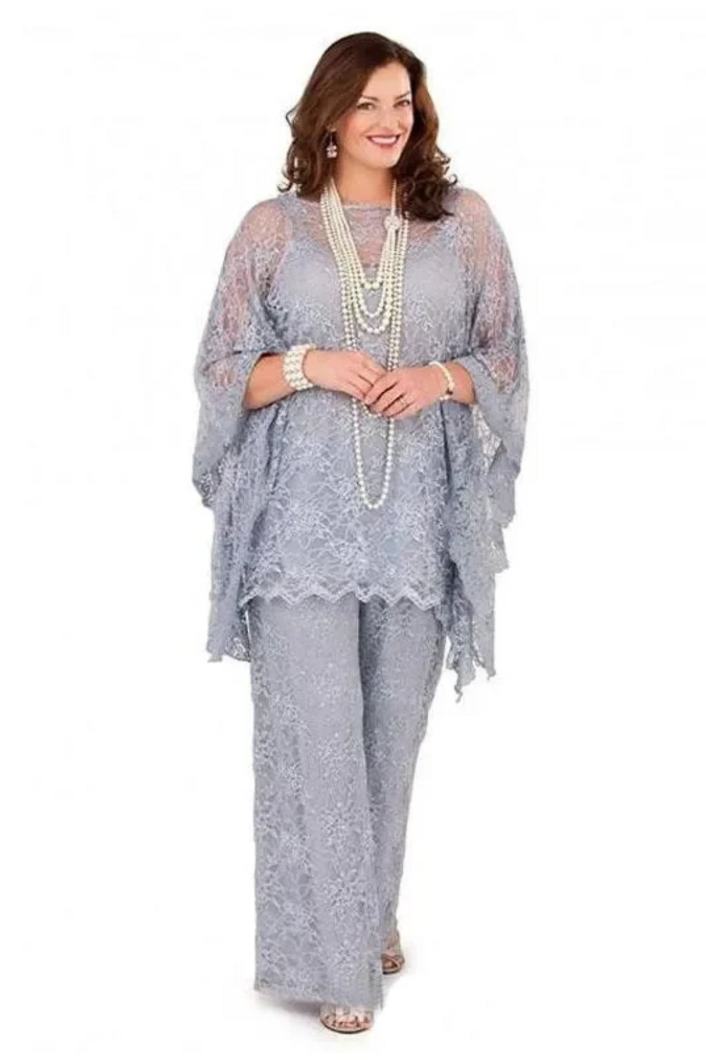 3 pcs grey lace mother of the bride pantsuit with wide-leg trousers