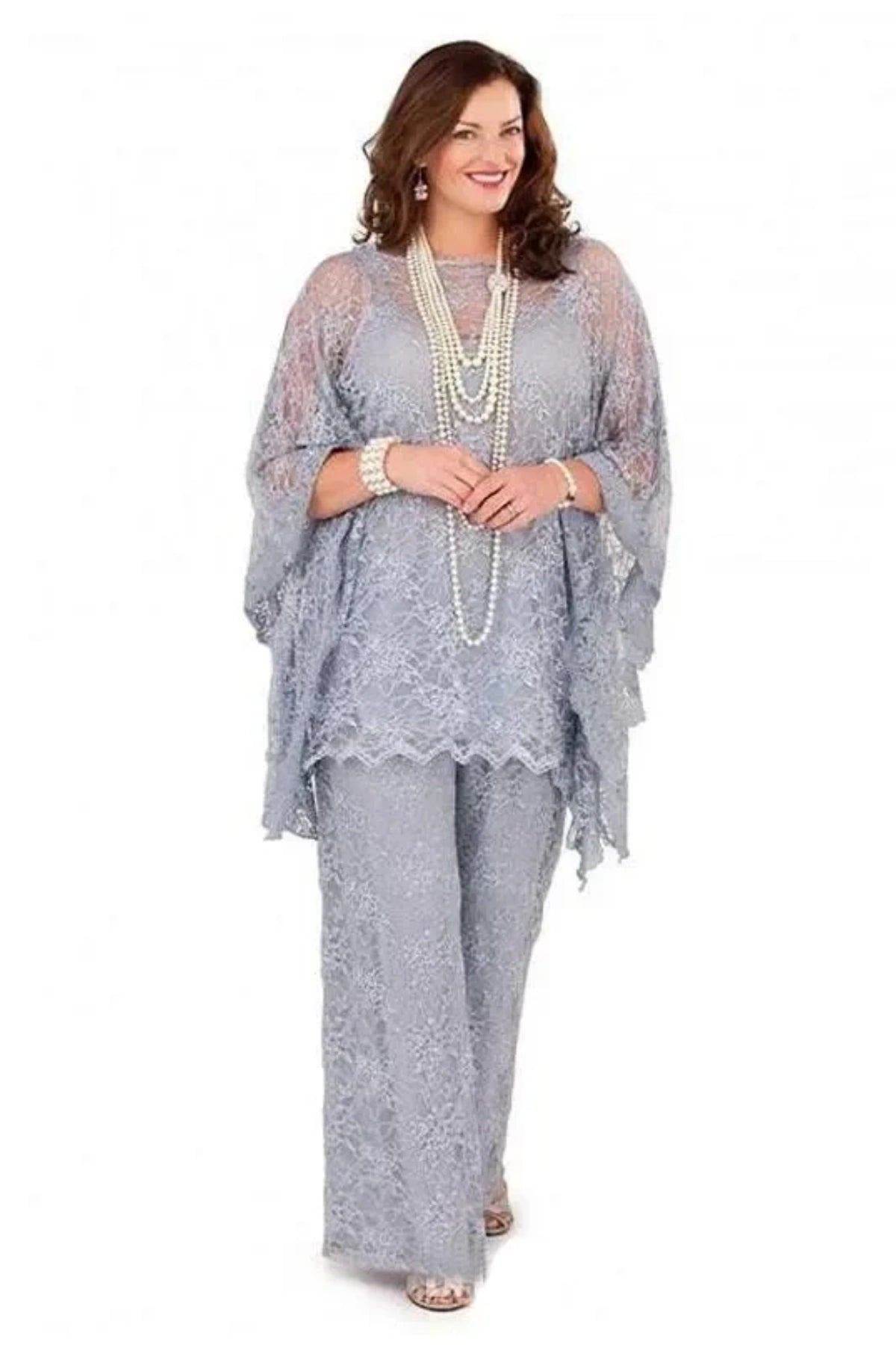 3 pcs grey lace mother of the bride pantsuit with wide-leg trousers