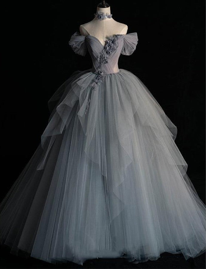 Off The Shoulder Gray Colored Tulle Wedding Gowns with 3D Flowers - promboutiqueonline