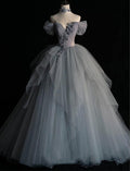 Off The Shoulder Gray Colored Tulle Wedding Gowns with 3D Flowers - promboutiqueonline