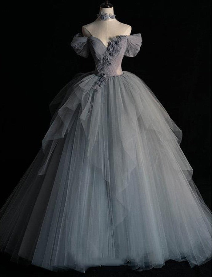 Off The Shoulder Gray Colored Tulle Wedding Gowns with 3D Flowers