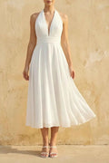 Retro Halter Bridal Gown - Pleated Tea-length A-Line Chiffon Wedding Dress with Keyhole Back