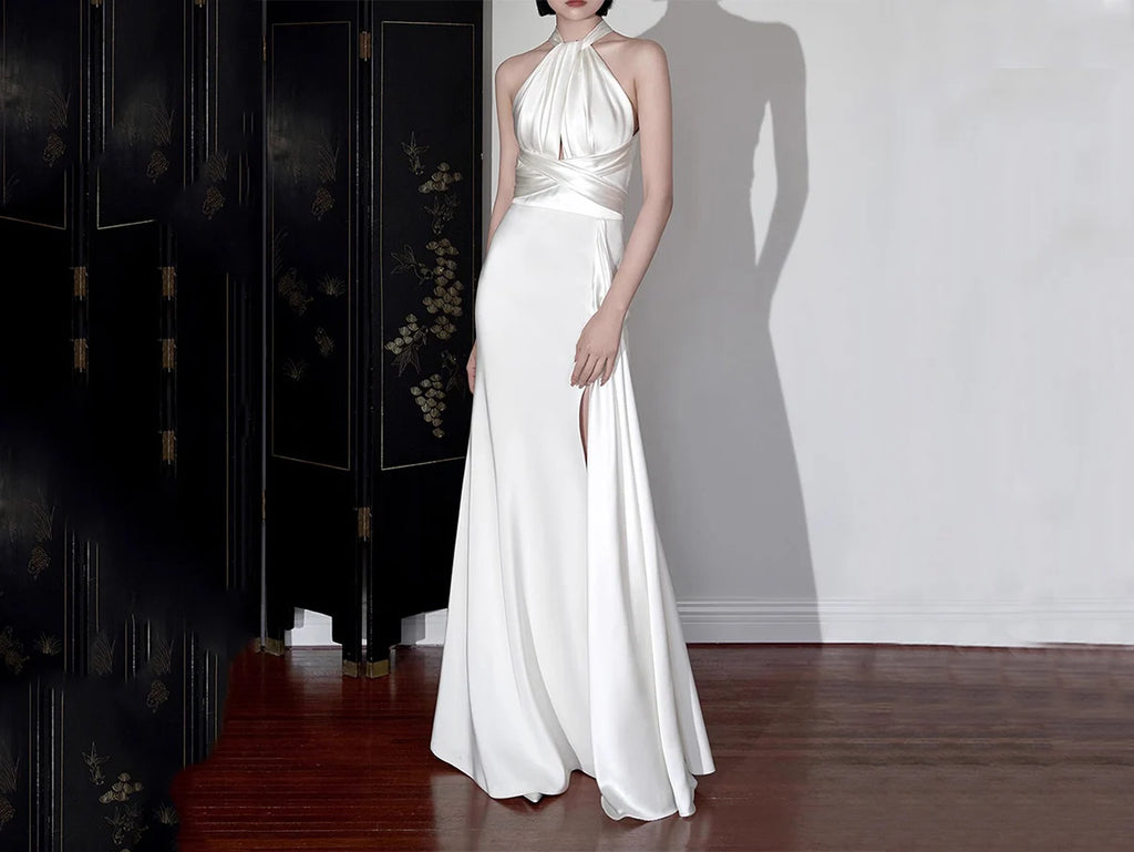 Ivory Satin Halter Wedding Dress with Open Back and Slit P028