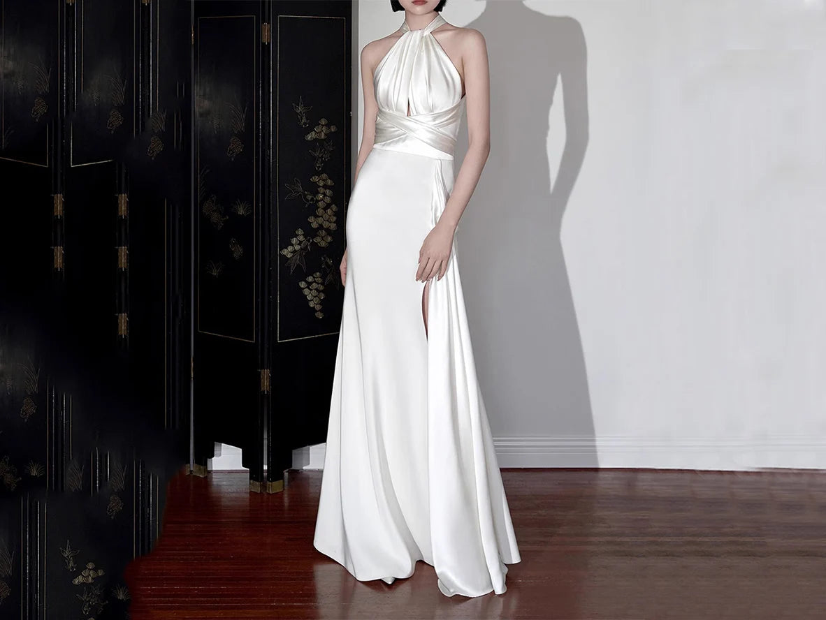 Ivory Satin Halter Wedding Dress with Open Back and Slit P028