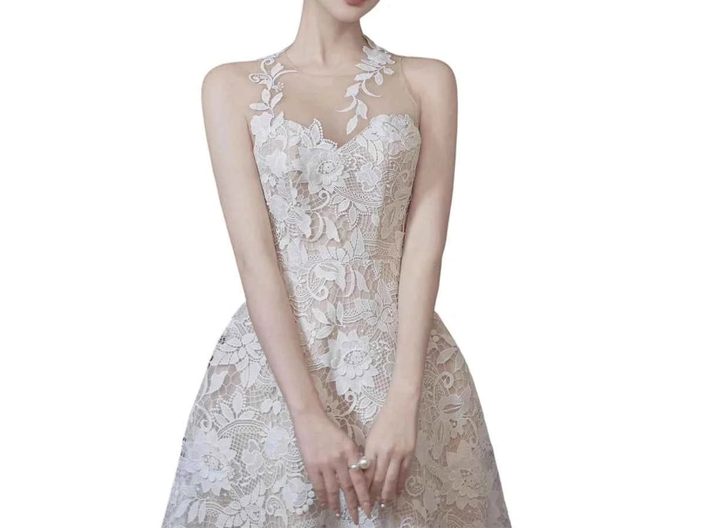 White Lace Tea Length Civil Wedding Dress with High Illusion Neckline P039