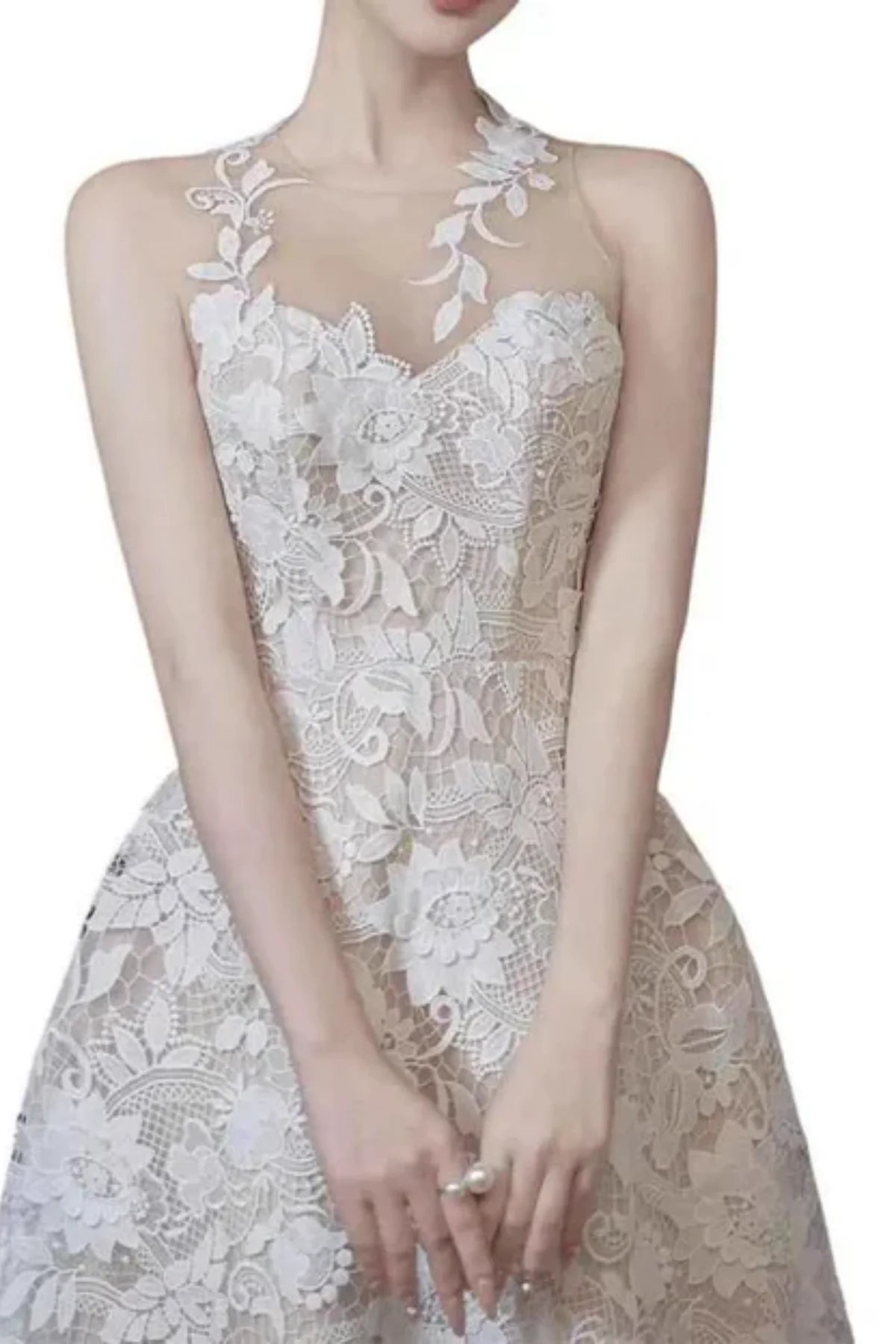 White Lace Tea Length Civil Wedding Dress with High Illusion Neckline P039