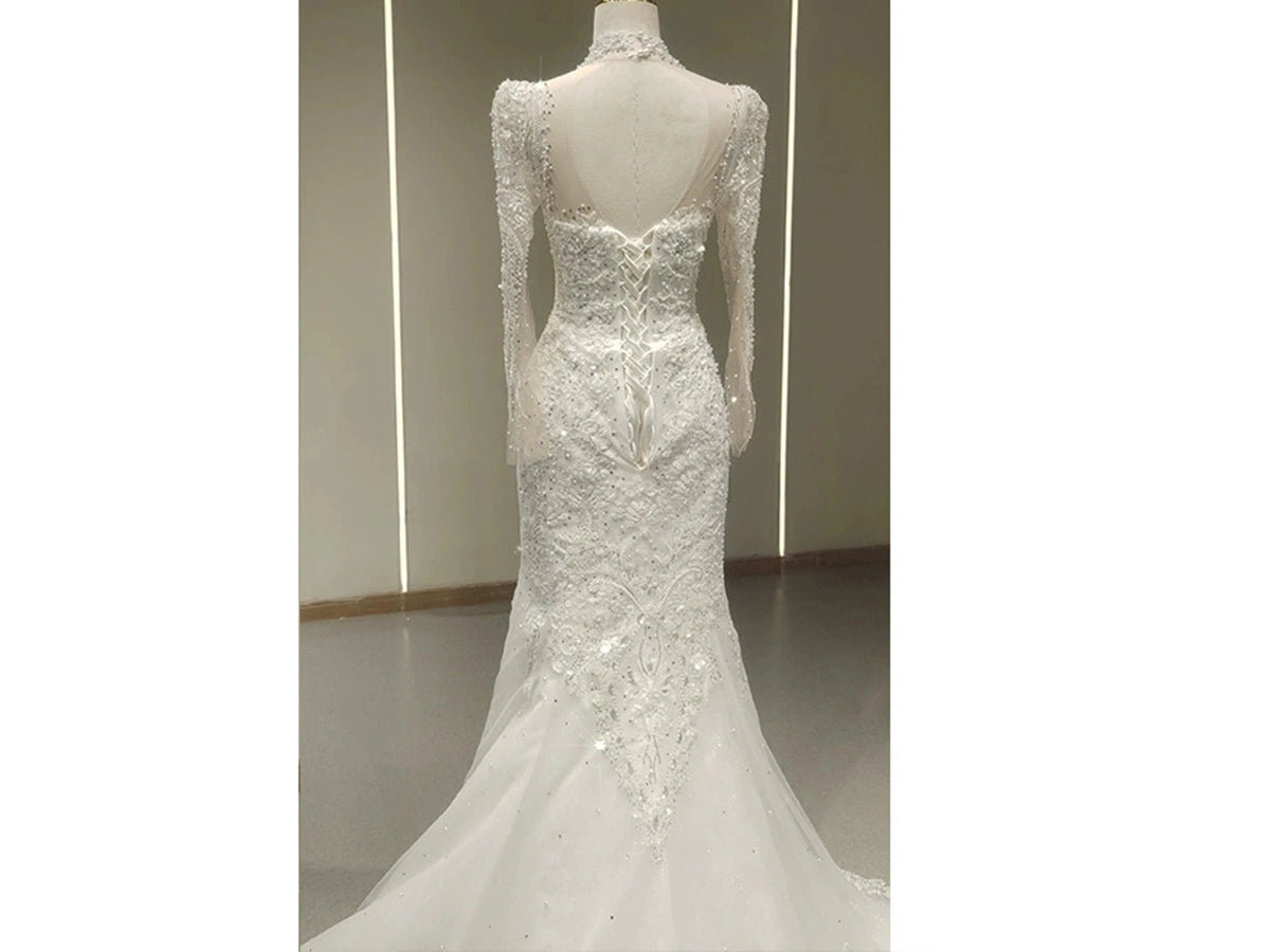 White Lace Mermaid Wedding Dress with Long Sleeves and Bedazzled Details