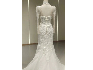 White Lace Bedazzled Mermaid Wedding Dress with Long Sleeves