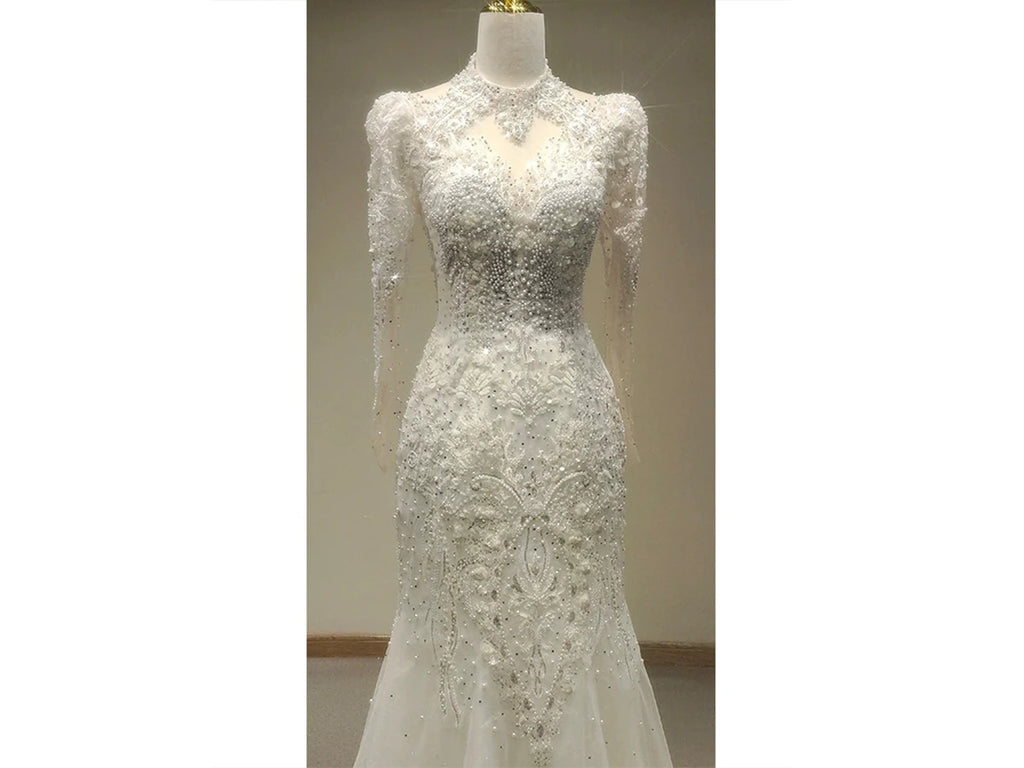 White Lace Mermaid Wedding Dress with Long Sleeves and Bedazzled Details
