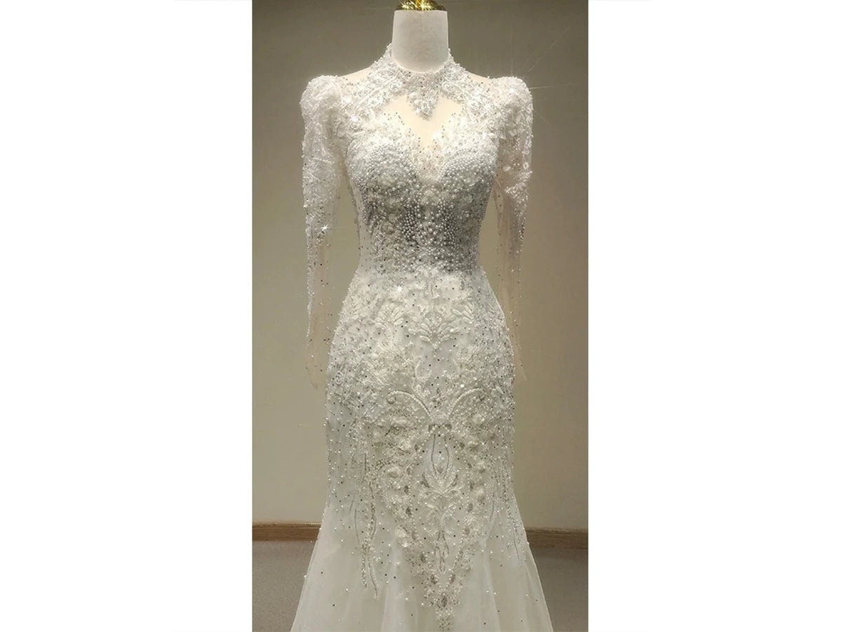 White Lace Mermaid Wedding Dress with Long Sleeves and Bedazzled Details