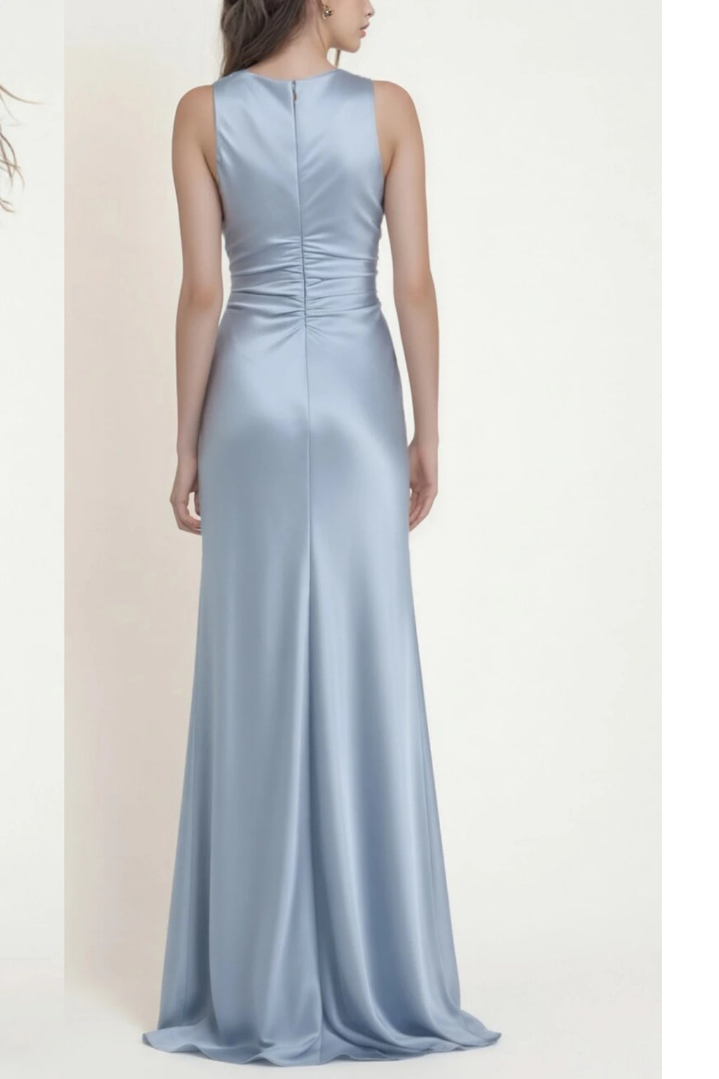 Dusty Blue Satin Sheath Bridesmaid Dress High Neck with Ruched Waist