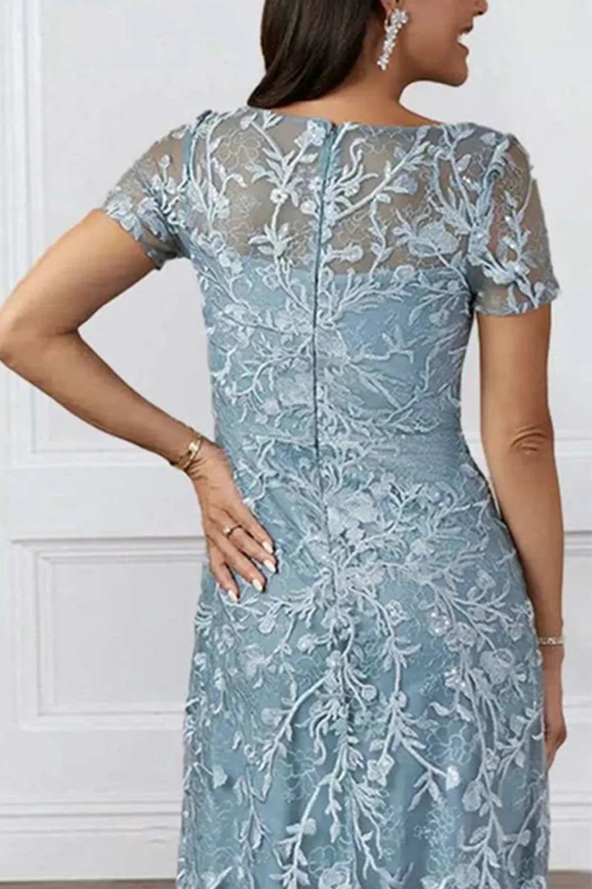 Boat Neck Floral Lace Floor Length Mother of the Bride Dress with Short Sleeves