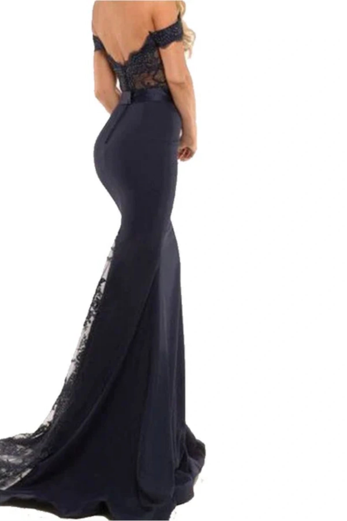 Navy Blue Off Shoulder Bridesmaid Dress for Elegant Mermaid Weddings
