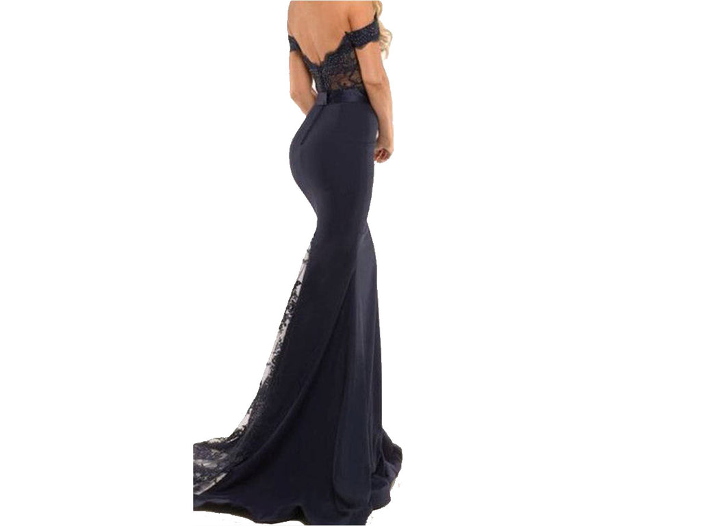 Navy Blue Off Shoulder Mermaid Bridesmaid Dresses - promboutiqueonline