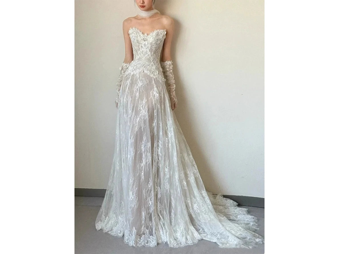 Ivory White Lace Wedding Dress A-line with Gloves