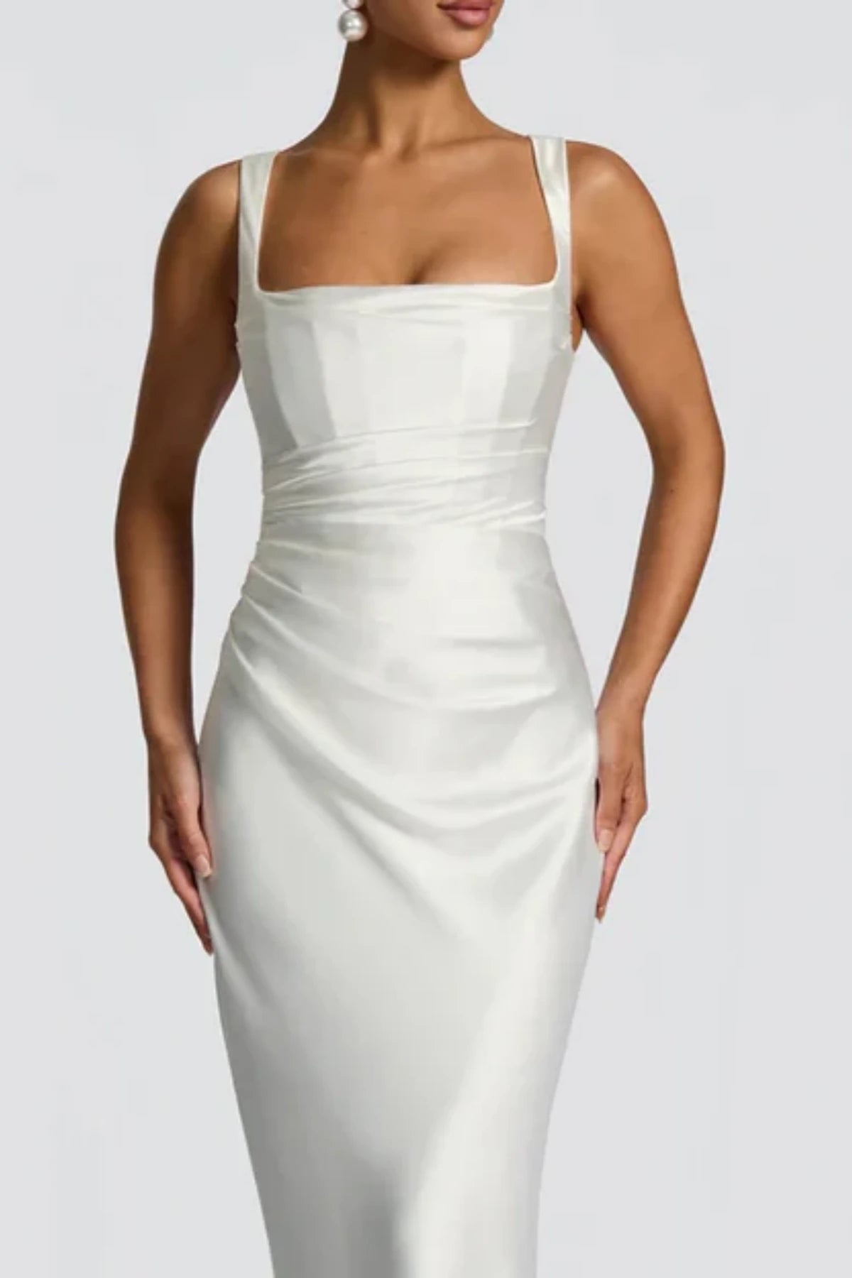 Ivory satin corset wedding dress with square neckline and fitted bodycon silhouette front view