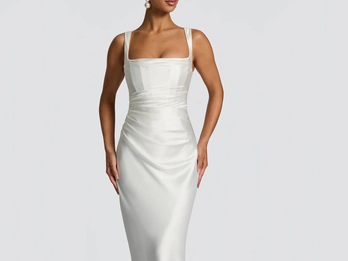 Vintage Bridal Corset Dress - Square Neck Ruched Sheath Gown P035 for Timeless Elegance
