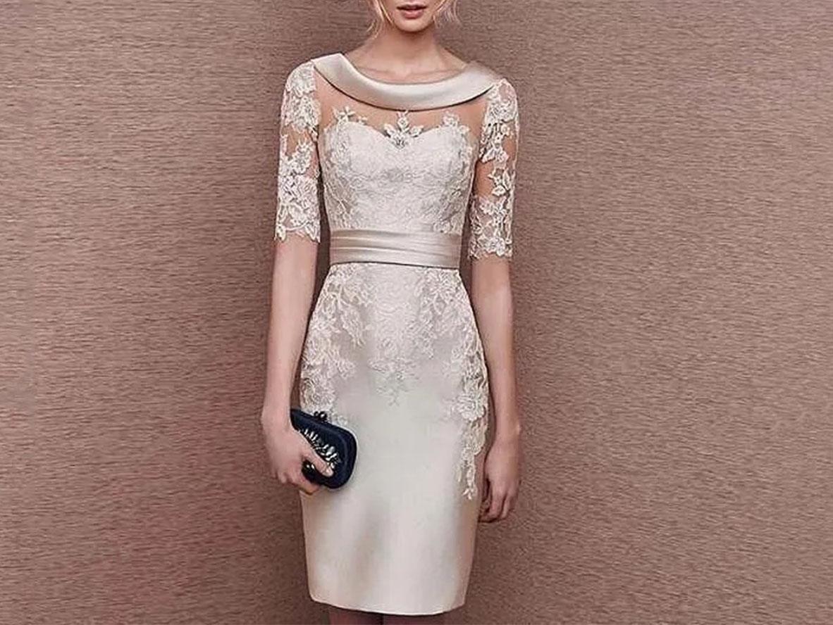 Champagne Sheath Mother of the Bride Dress with Sleeves - Knee Length Satin Elegance