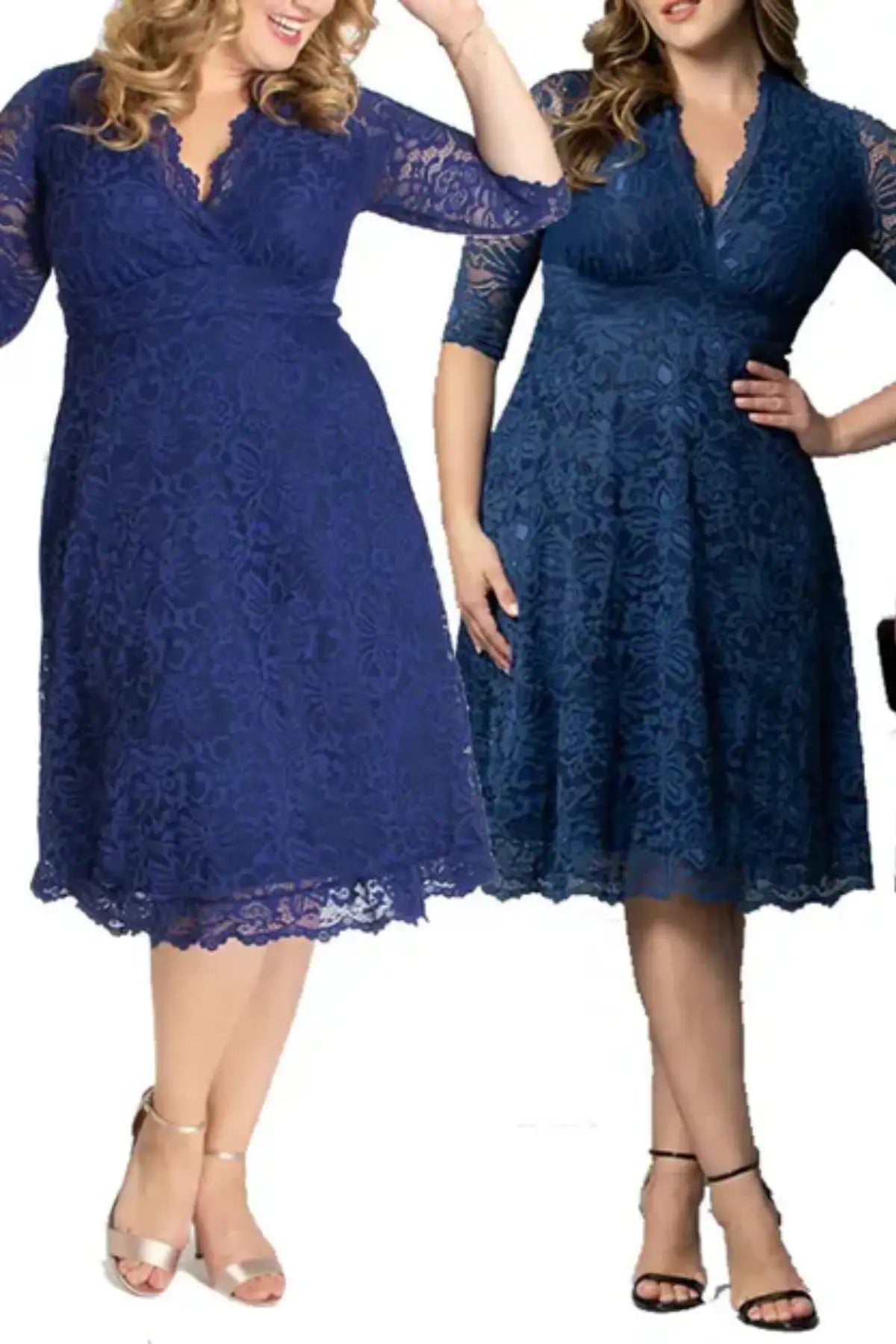 Full-length front view of blue knee-length mother of the bride dress on a mannequin, featuring a V-neckline, elbow sleeves