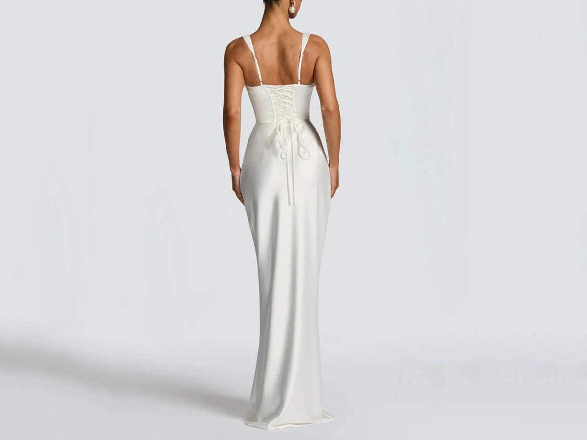 Vintage Bridal Corset Dress - Square Neck Ruched Sheath Gown P035 for Timeless Elegance
