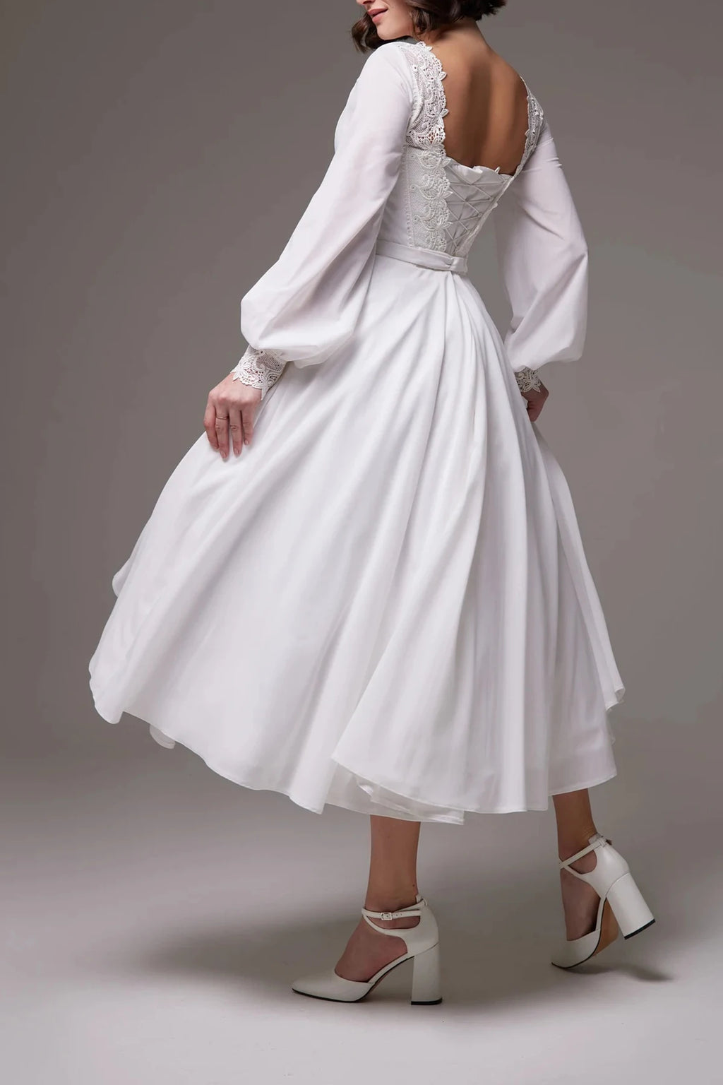 Timeless White Chiffon Modest Bridal Dress Featuring Long Bishop Sleeves and Pleated Waistband