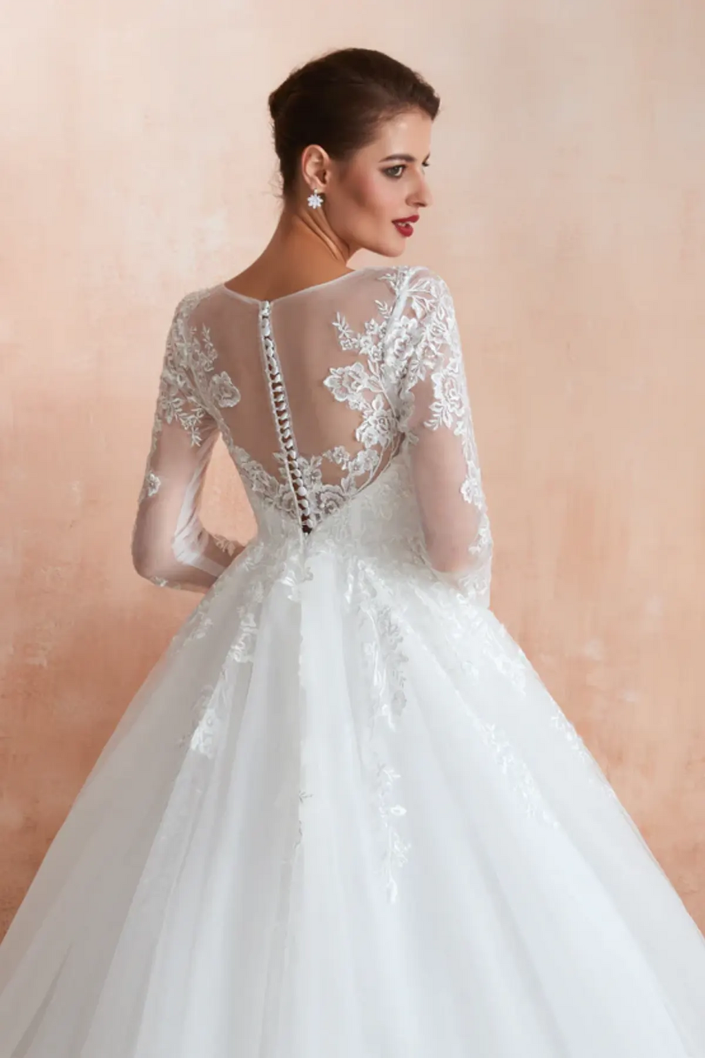 ball gown wedding dress with sheer lace back, long sleeves