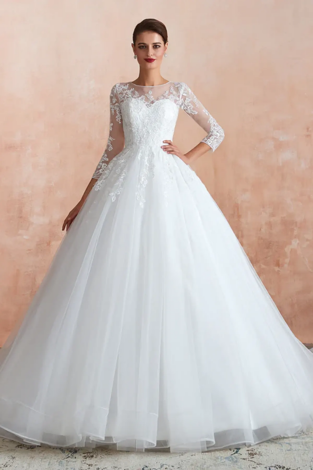 Lace long sleeve ball gown wedding dress with illusion neckline and floral embroidered bodice