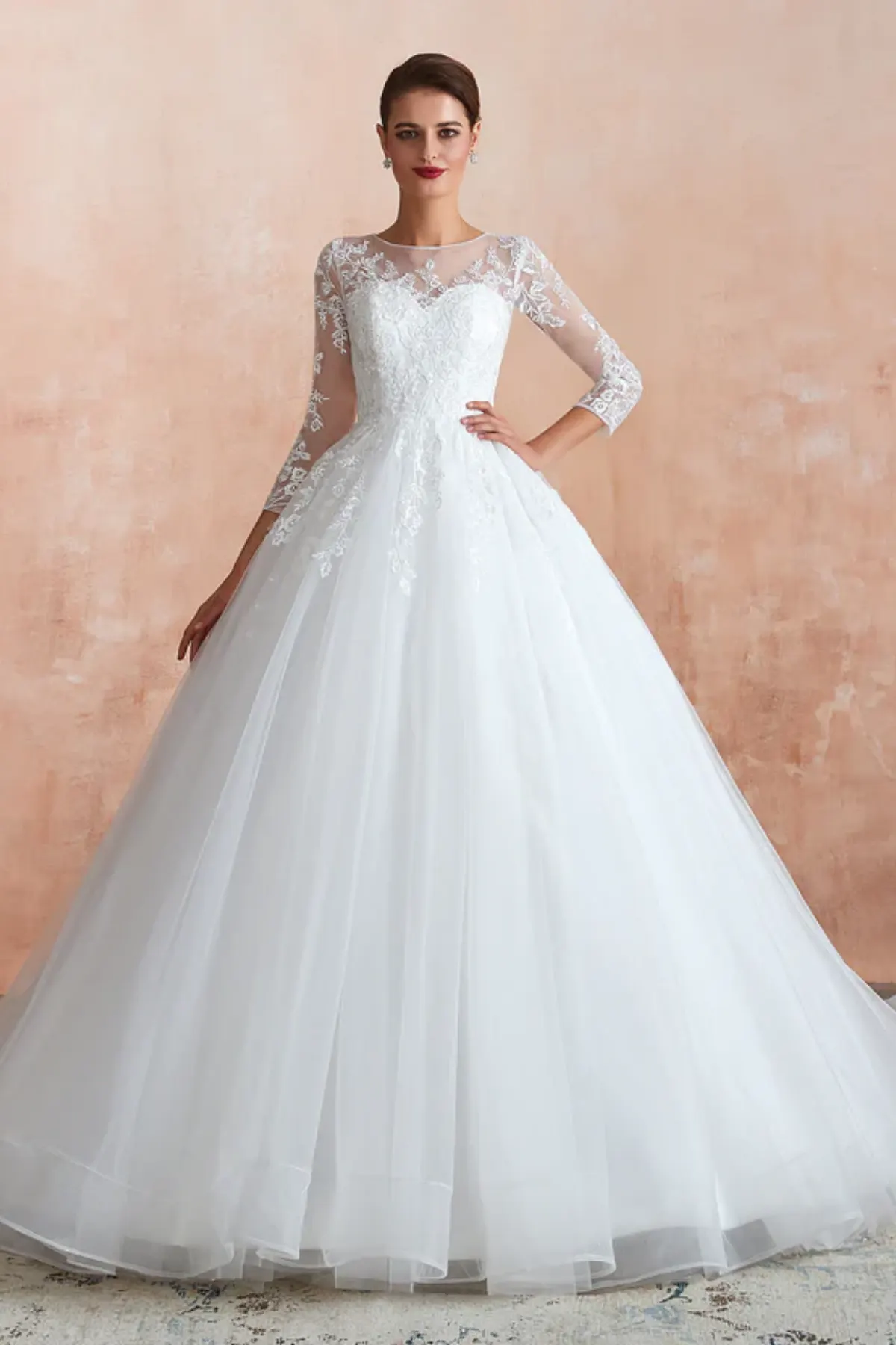Lace long sleeve ball gown wedding dress with illusion neckline and floral embroidered bodice