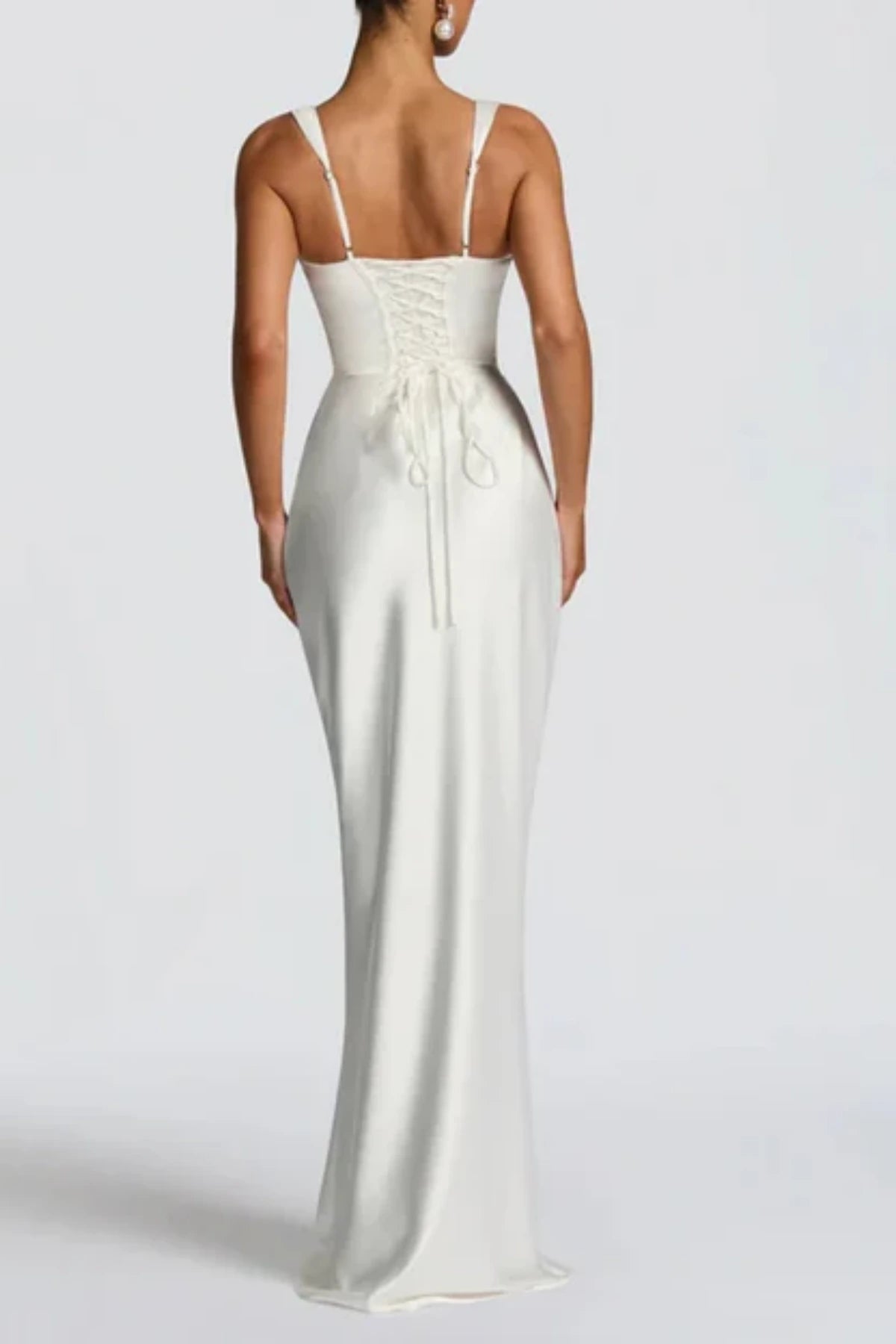 Satin sheath wedding dress with lace-up corset back and delicate shoulder straps back view