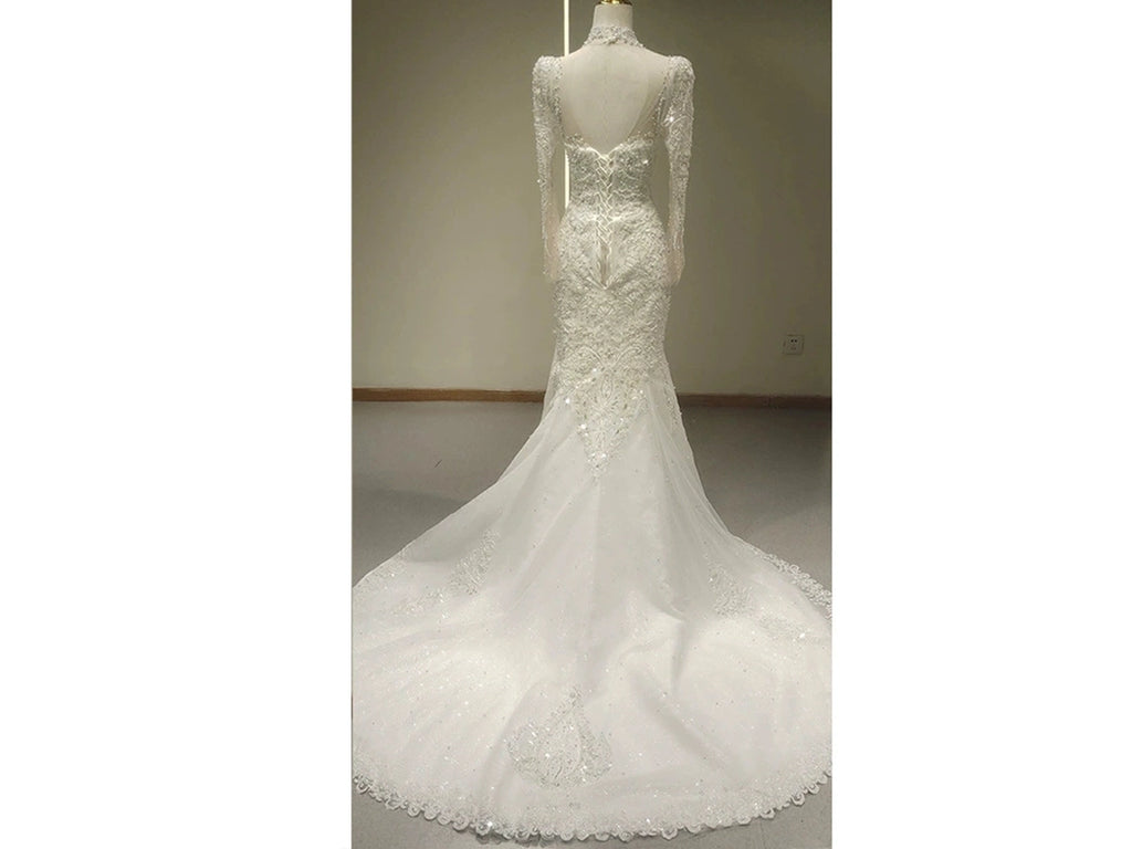 White Lace Mermaid Wedding Dress with Long Sleeves and Bedazzled Details