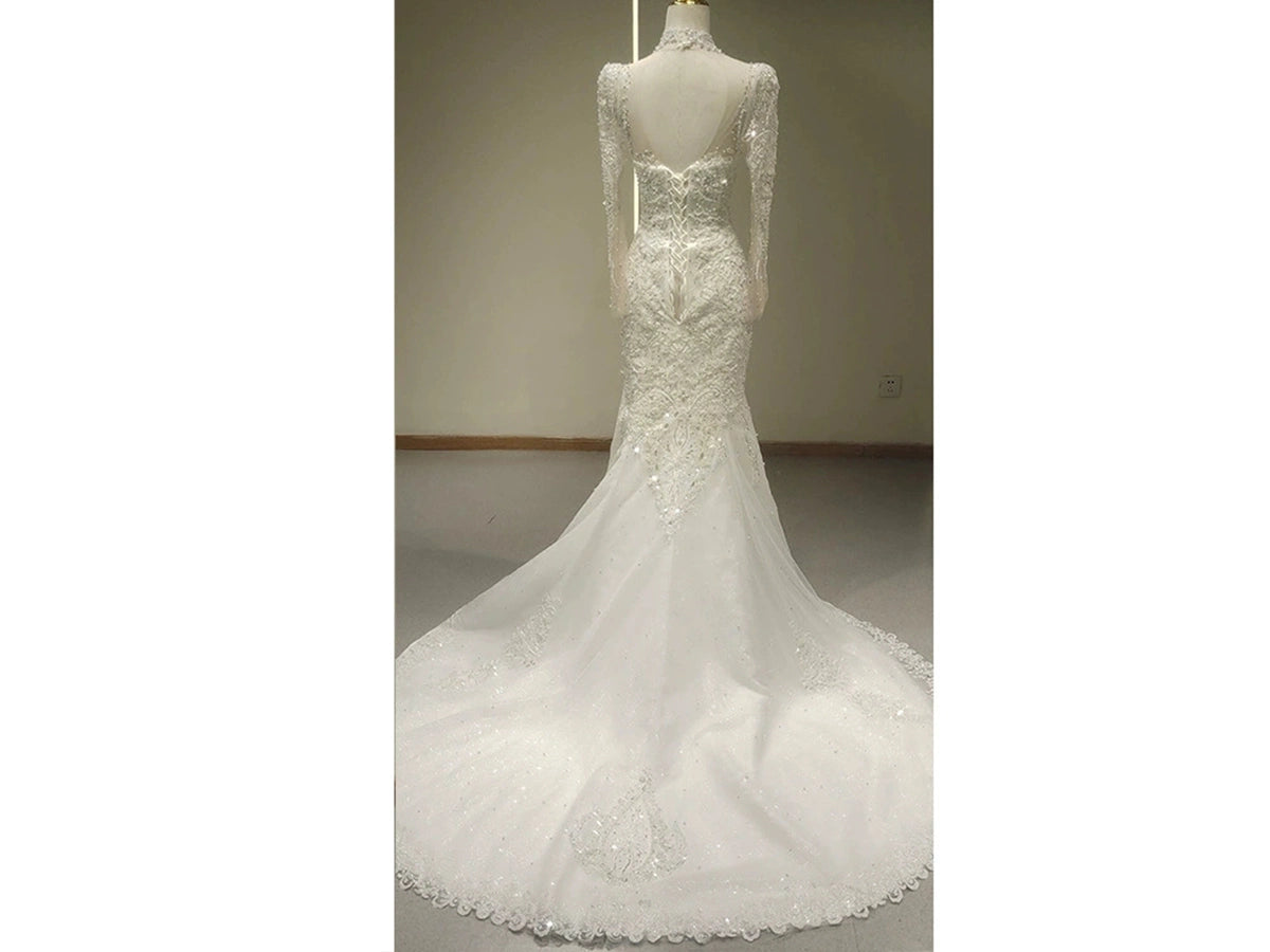 White Lace Mermaid Wedding Dress with Long Sleeves and Bedazzled Details