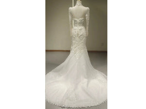White Lace Bedazzled Mermaid Wedding Dress with Long Sleeves