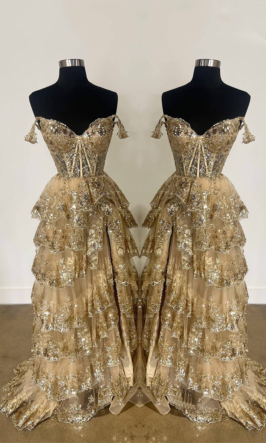 sequined layerd off the shoulder gold prom gowns