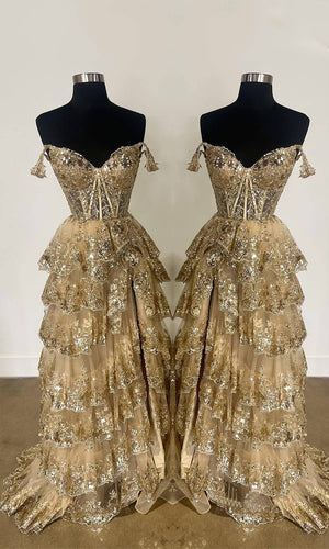 Glitter Golden Off the Shoulder Corset Tiered Prom Gowns