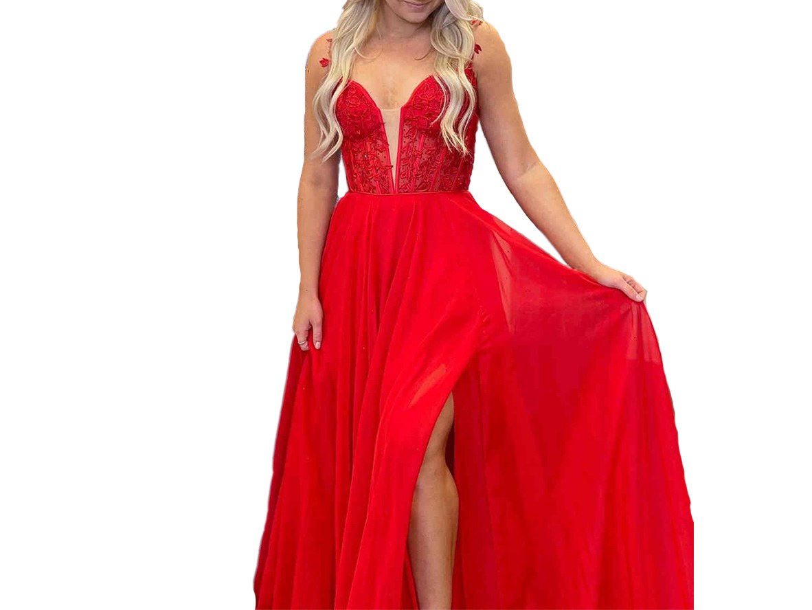 Plunging See Through Corset Blue Straps Prom Dresses Slit  P630 - promboutiqueonline